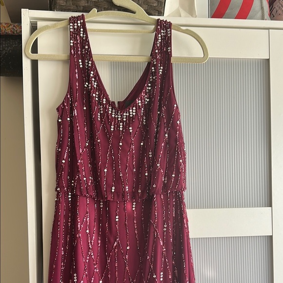 adrianna papell burgundy sequin dress Short Sleeve Floral Beaded Sequin Ankle Length Dress In Mahogany, Mahogany / Regular / 18